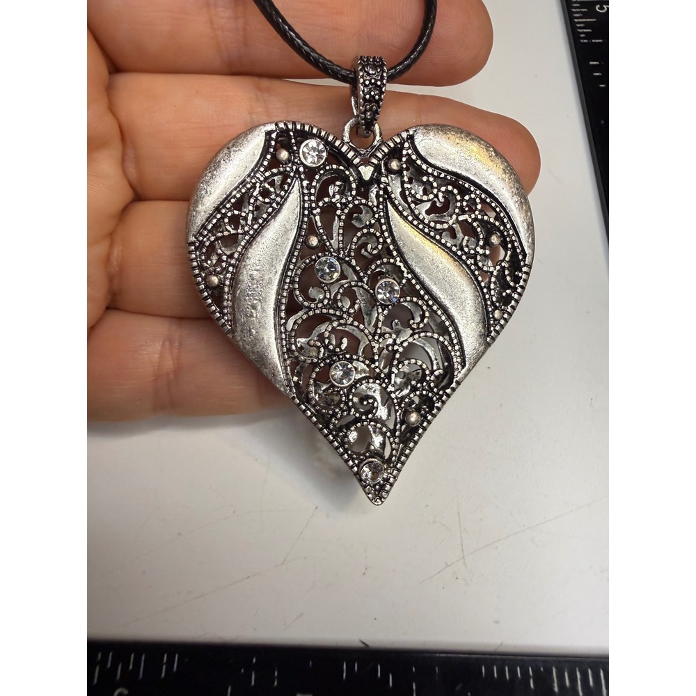 Silver Tone Filigree Heart Pendant Necklace Rhinestone Accents Black Cord